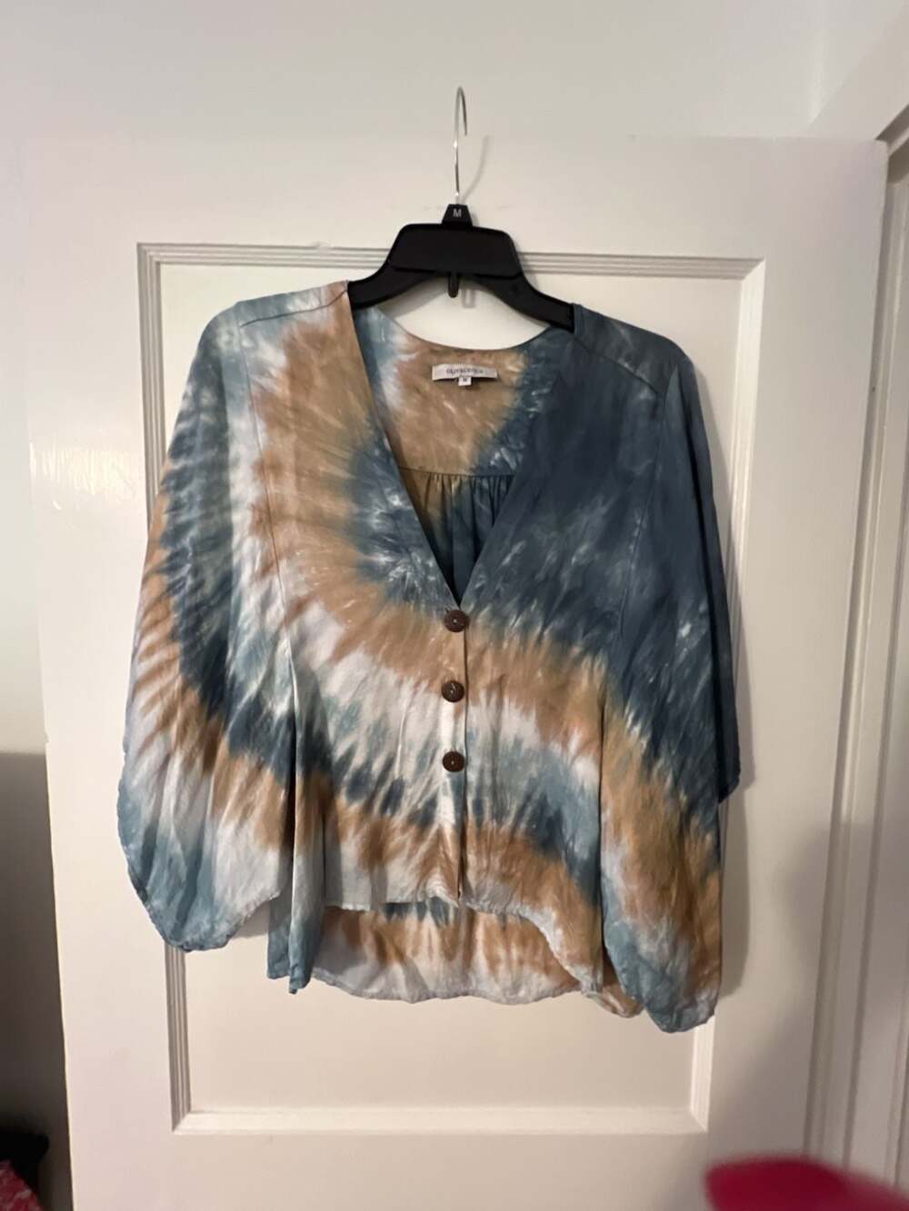 Olivaceous Blue and Tan Tie Dye Button Front Kimono Blouse